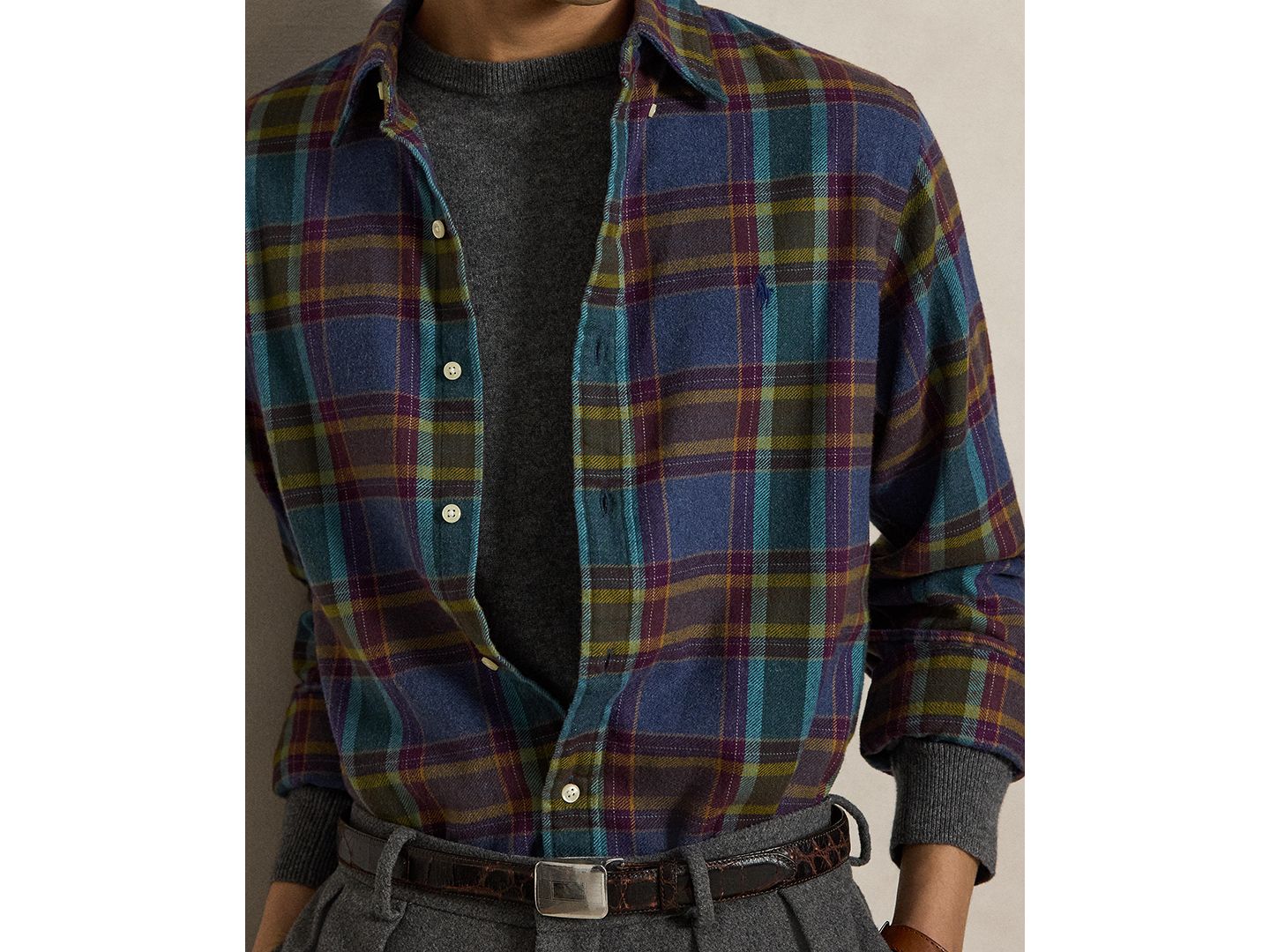 Мужская рубашка Polo Ralph Lauren Long-Sleeve Plaid Brushed Flannel, цвет: Синий фиолетовый меланжевый разноцветный — фото 3