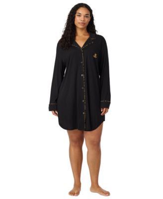 Plus Size Long-Sleeve Notch Collar Cotton-Blend Sleepshirt