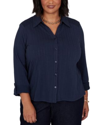 Plus Size Striped Roll-Tab Button-Front Blouse