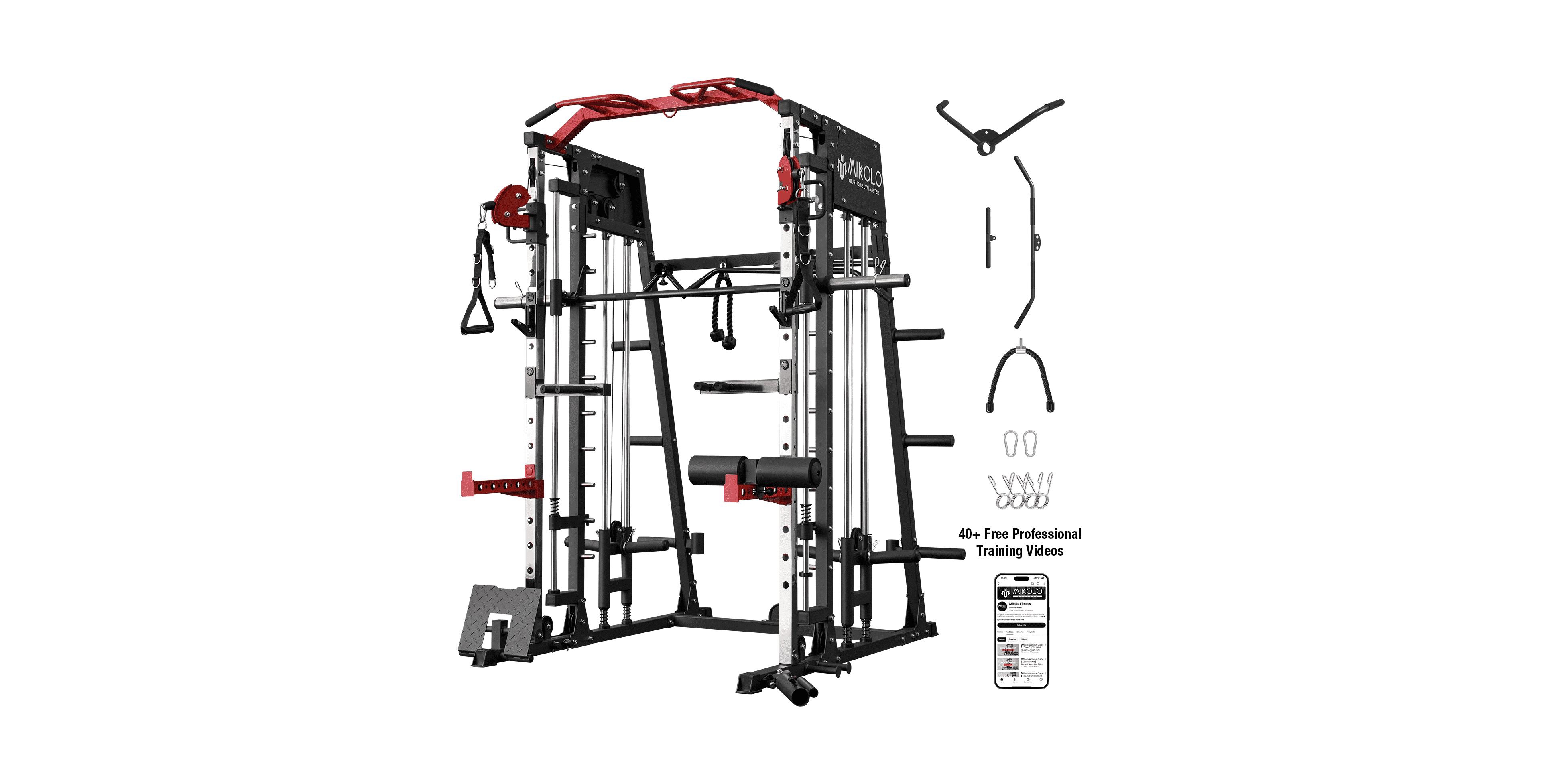 Mikolo Smith Machine Home Gym, 2200 lbs Power Rack Cage with Cable Crossover, Weight Bar, 360degree(s) Landmine, Barbell Holders and Other Attachments