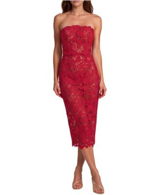 Women's Strapless Guipure Lace Scalloped Hem Midi Dress