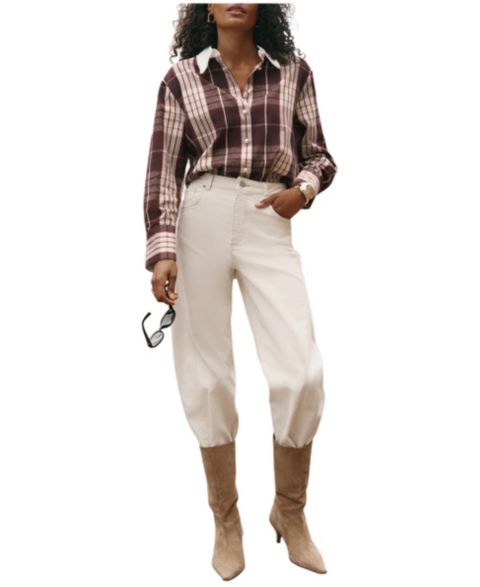 Женская рубашка Mint Velvet Plaid Long-Sleeve Pearl-Trim, цвет: Бордовый