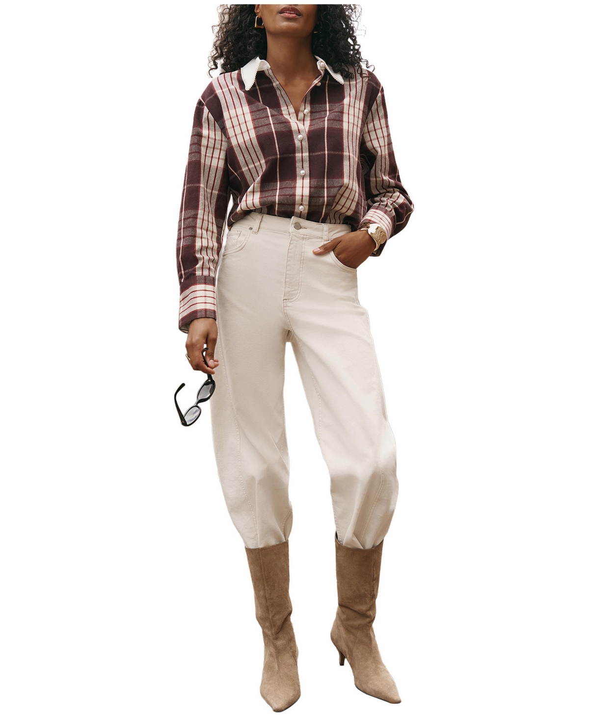 Mint Velvet Women's Plaid Long-Sleeve Pearl-Trim Shirt