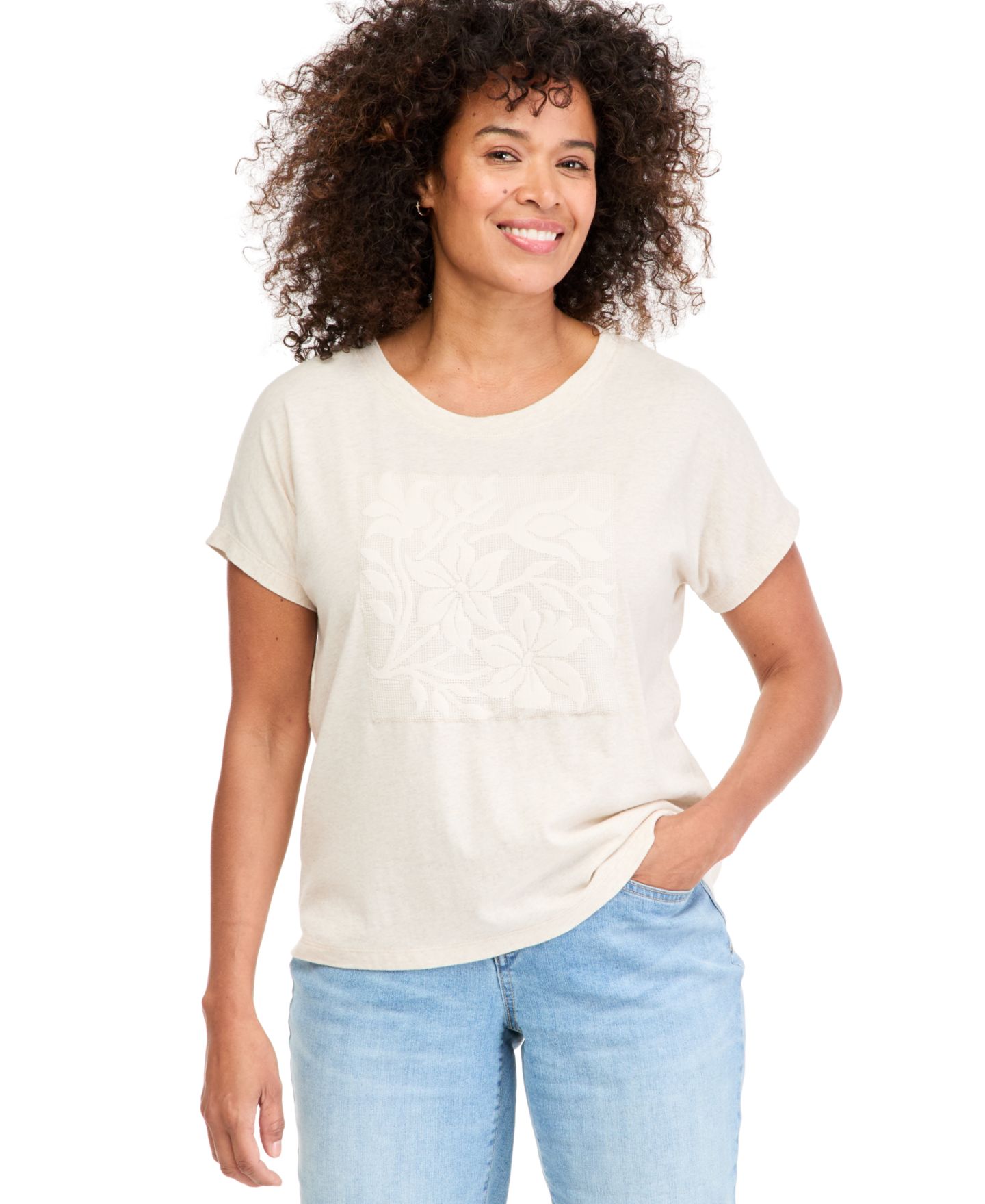 Женская футболка Style & Co Petite Scoop Neck Short-Sleeve Dolman Crochet, цвет: Меланжевый орех — фото 1