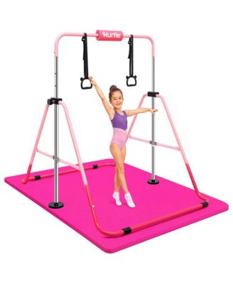 Expandable Gymnastics Bar for Kids, Adjustable Height, 59" Wide, Folding Bar with Rings and Foam Pad, 145 lb Capacity