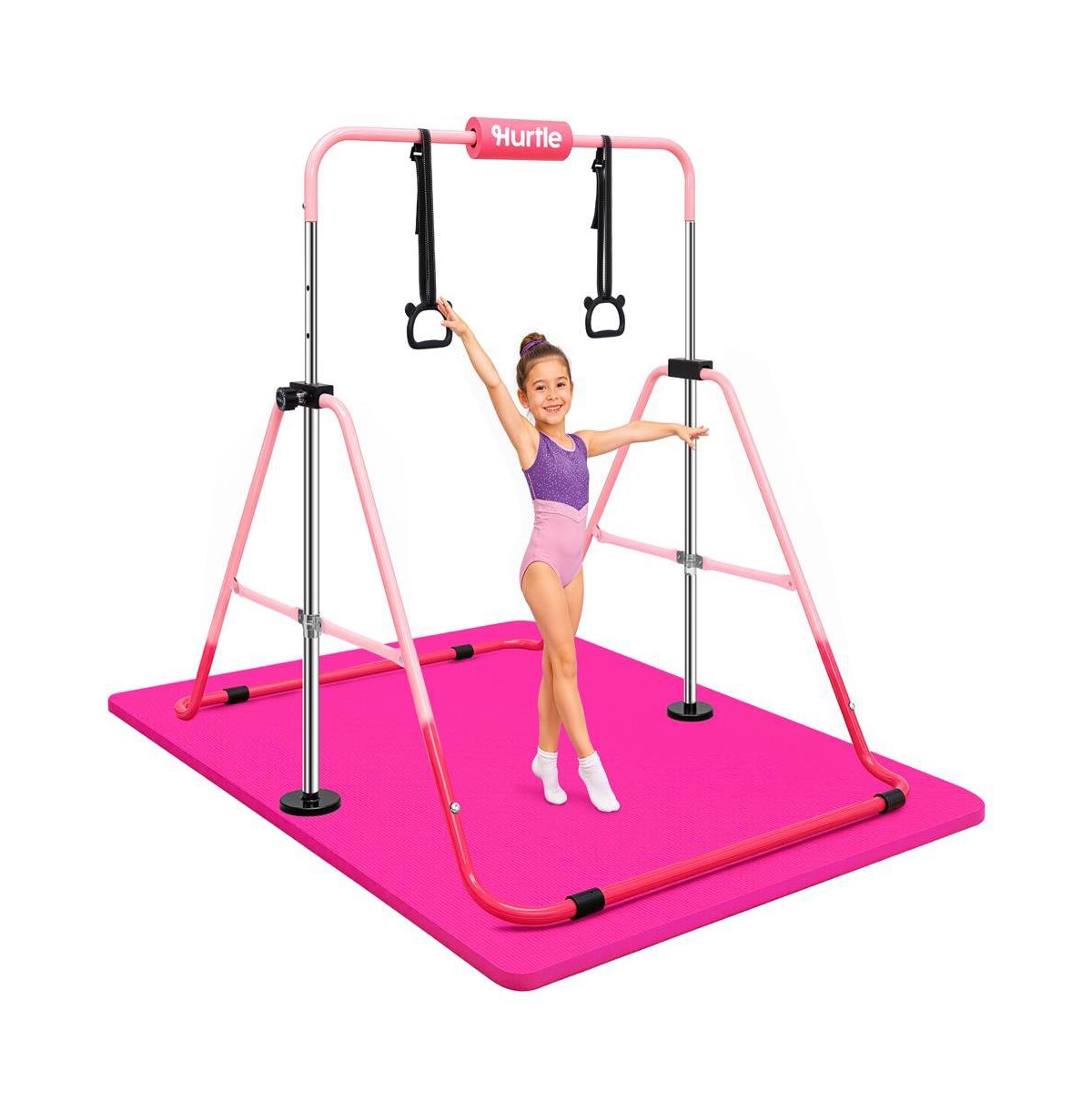 Hurtle Expandable Gymnastics Bar for Kids, Adjustable Height, 59" Wide, Folding Bar with Rings and Foam Pad, 145 lb Capacity - Pink