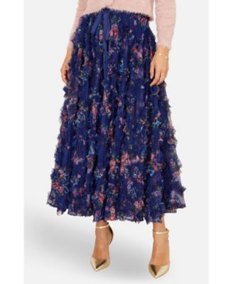 Women's Floral Ruffle Mesh Midi Skirt