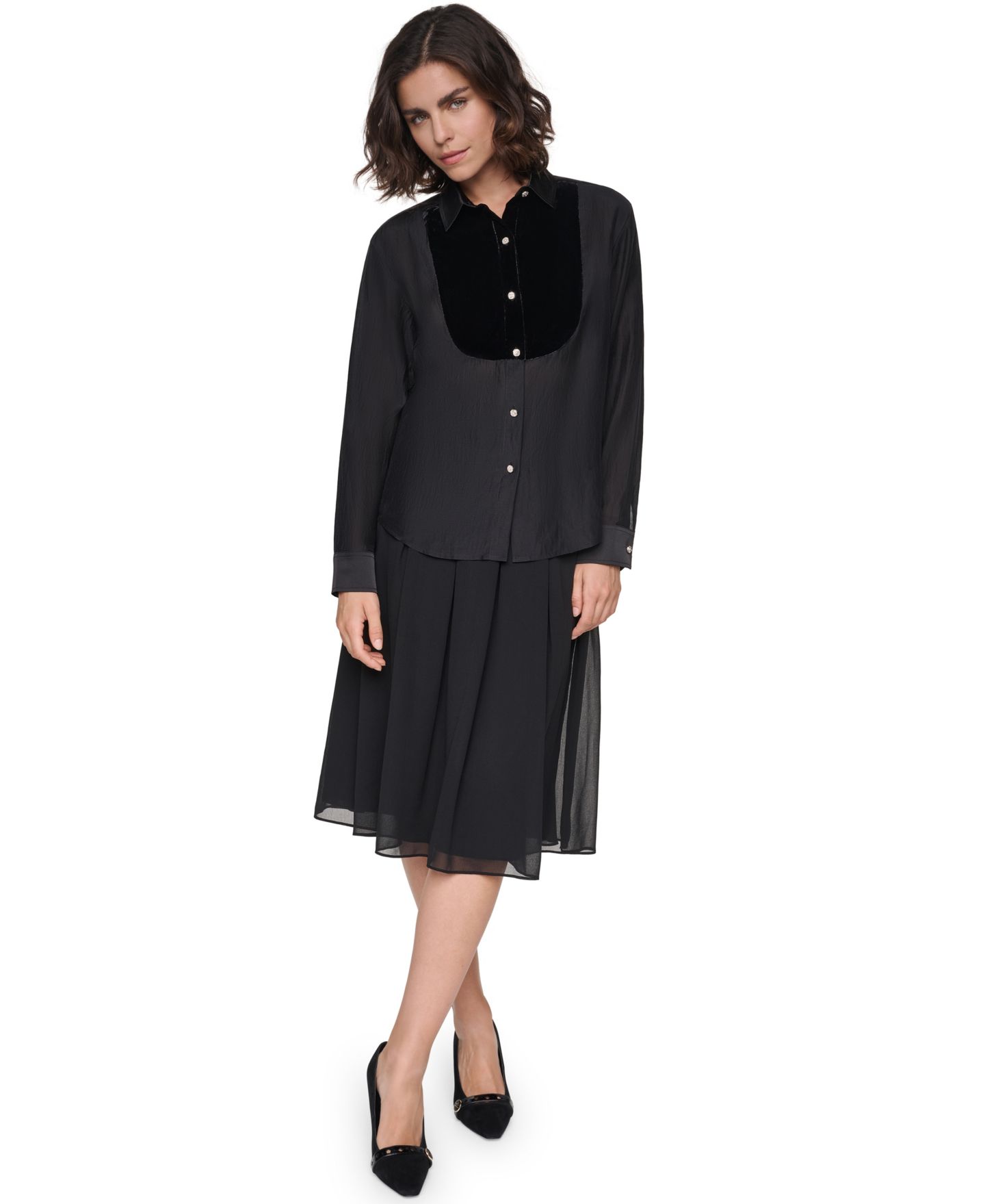 Женская блузка KARL LAGERFELD PARIS Velvet Long-Sleeve Point-Collar Blouse, цвет: Чёрный — фото 3