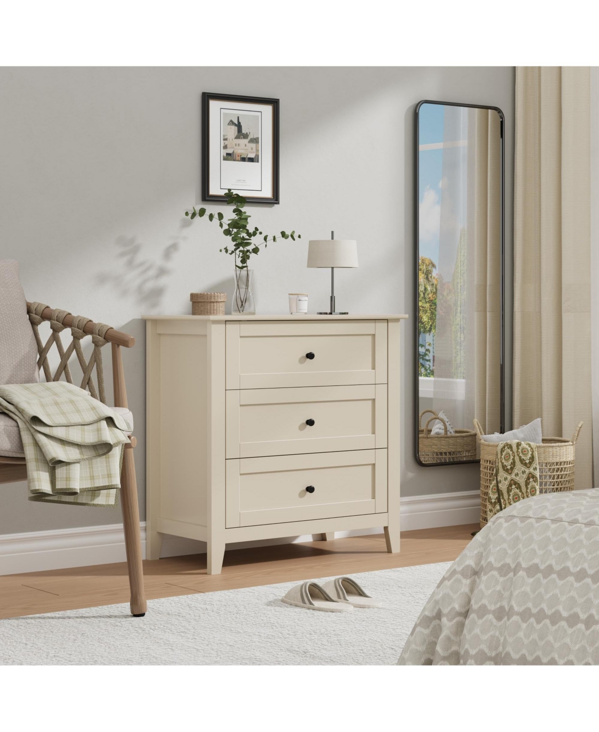 homfan 3 Drawer Dresser, 27.5 Inch Bedroom Nightstand, Modern Farmhouse Storage Cabinet, Sofa Side Table for Living Room, Apartment, Entryway
