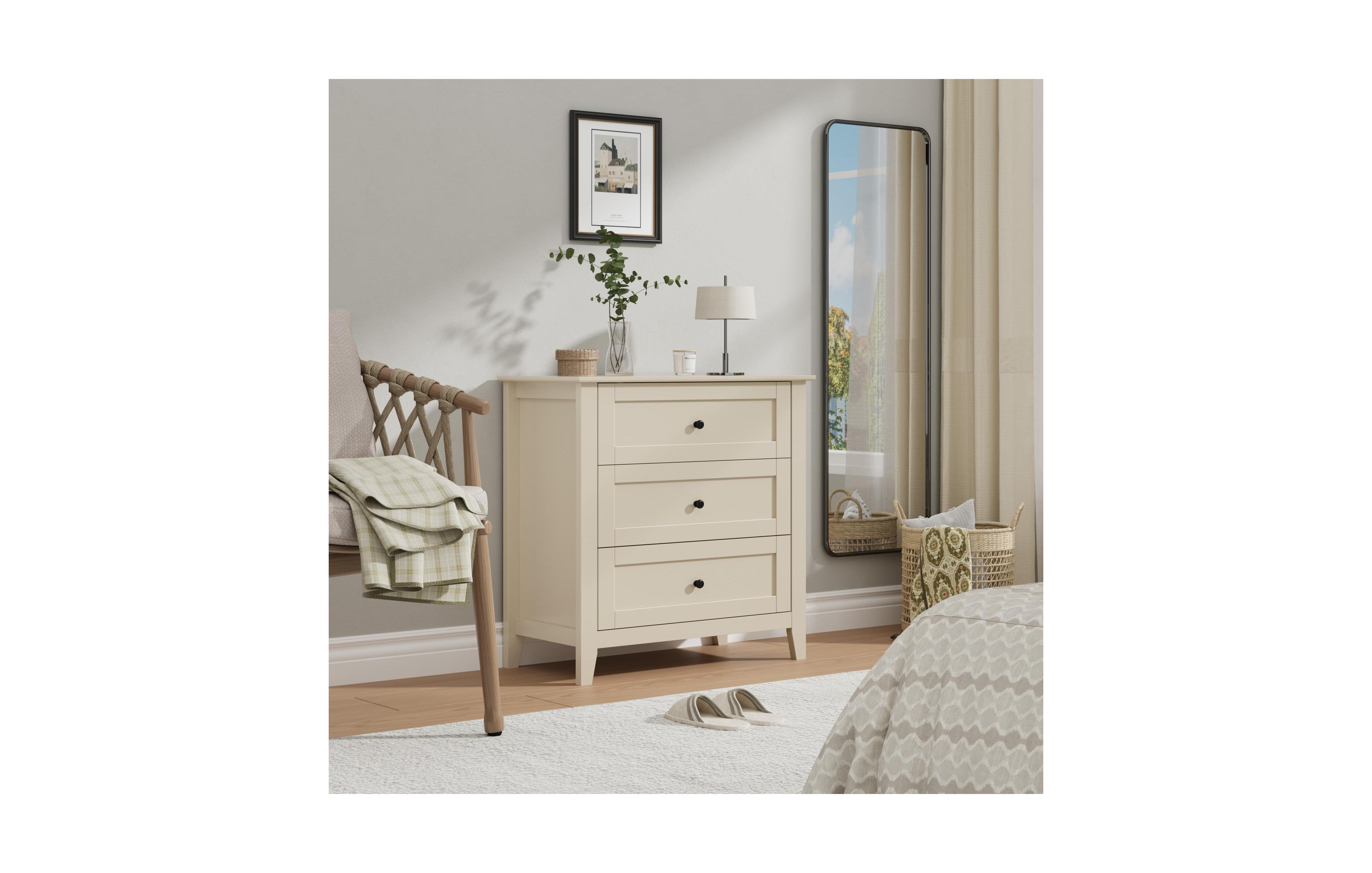 homfan 3 Drawer Dresser, 27.5 Inch Bedroom Nightstand, Modern Farmhouse Storage Cabinet, Sofa Side Table for Living Room, Apartment, Entryway