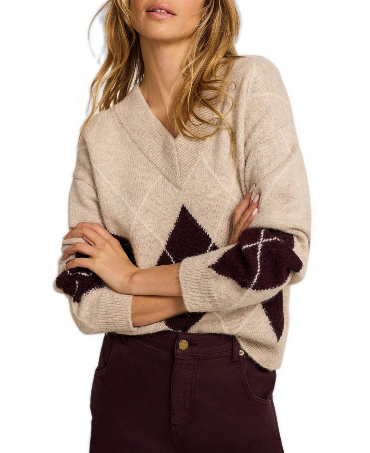 Mint Velvet Women's Argyle Long-Sleeve V-Neck Sweater