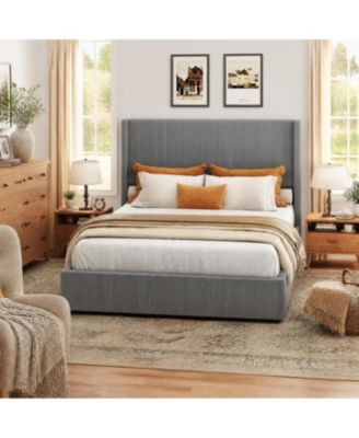 4-Drawer Upholstered Platform Bed Frame with Wingback Headboard, Corduroy and Walnut Legs, 1000 lbs Support, No Box Spring Needed for Bedroom