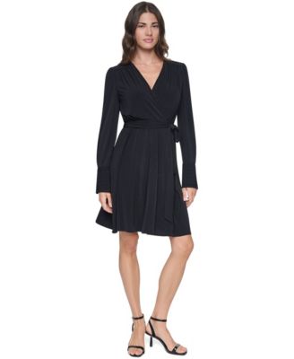 Women's Long-Sleeve V-Neck Surplice Dress