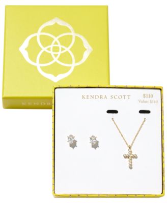 Cubic Zirconia Gold-Tone Cross Pendant Necklace and Stud Earrings Set