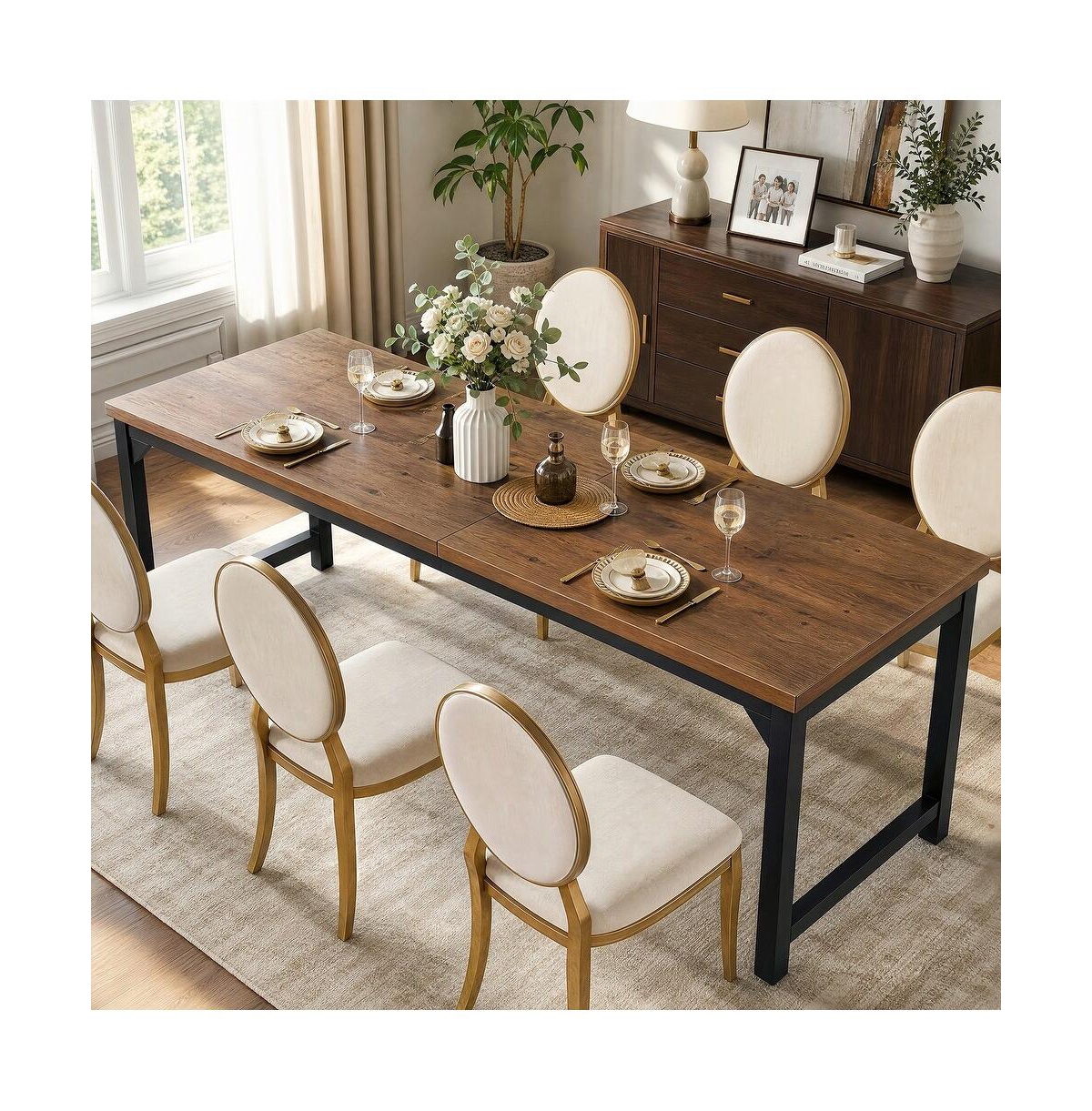 Tribesigns 78.7" Industrial Farmhouse Solid Wood Dining Table With Metal Frame - Brown and black