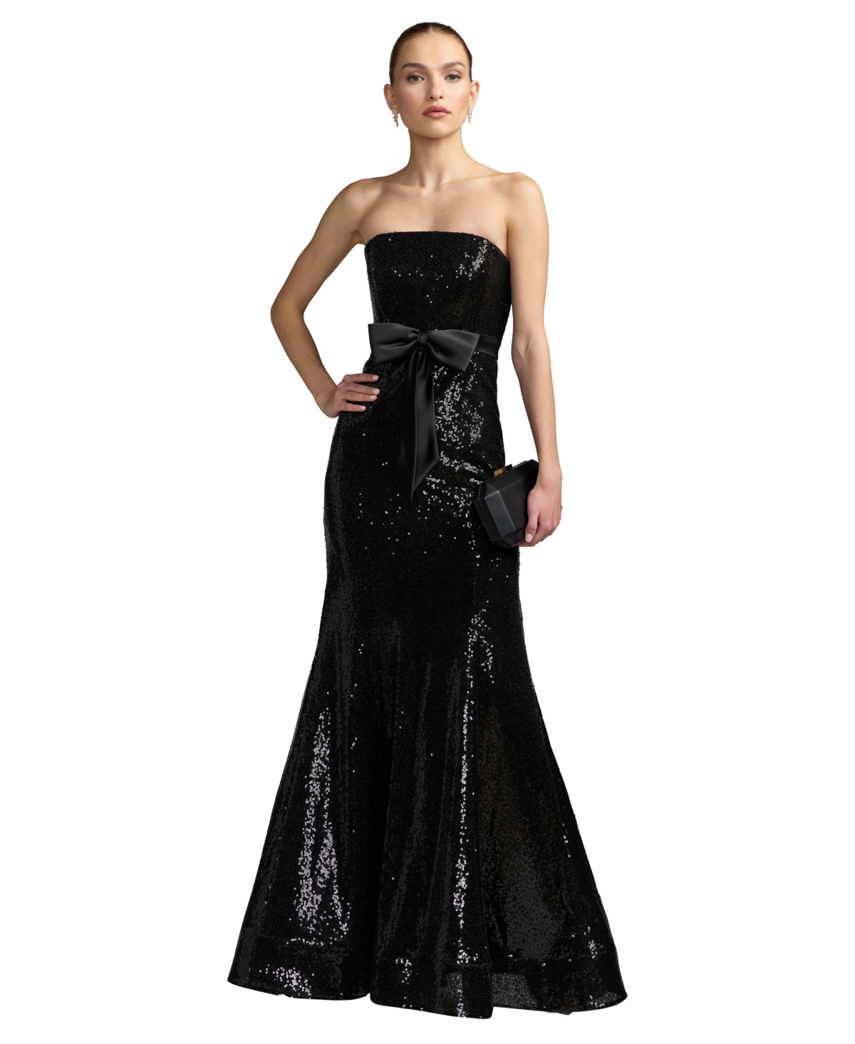 Ieena for Mac Duggal - Black Strapless Sequin Trumpet Gown With Bow Detail - US 4