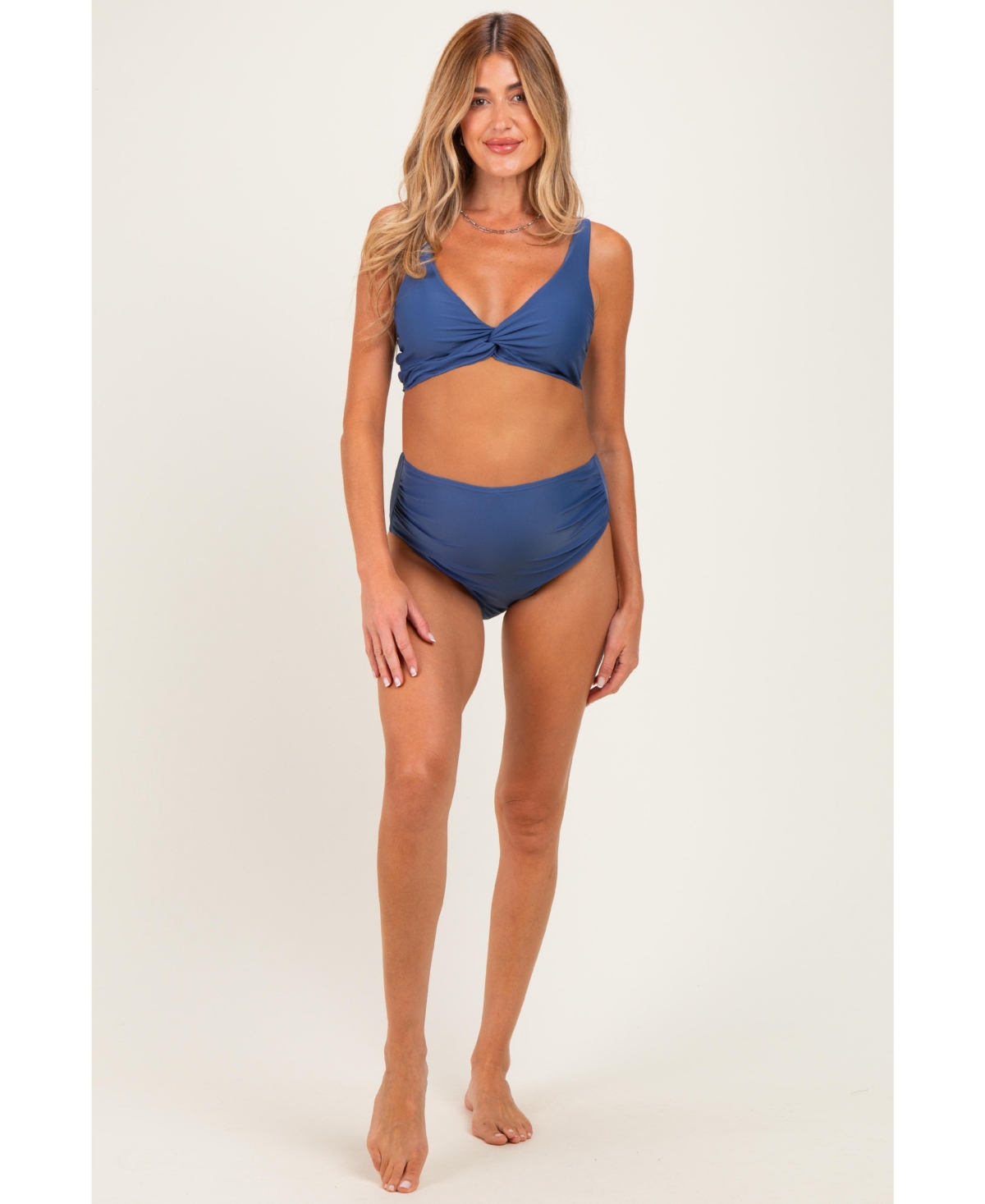 Pinkblush Women's Blue Gray Twist Front V-Neck Bikini Set - Blue