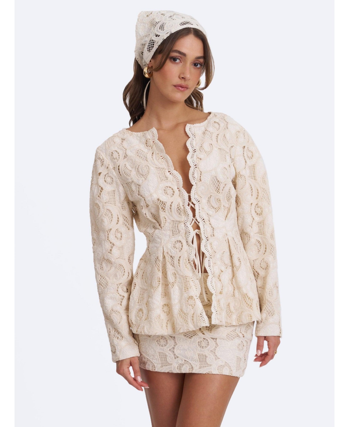 Miss Circle Women Wenley Beige Cotton Lace Puff Sleeve Cinched Top