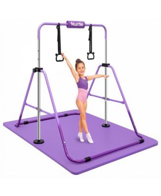 Expandable Gymnastics Bar for Kids, Adjustable Height, 59" Wide, Folding Bar with Rings and Foam Pad, 145 lb Capacity