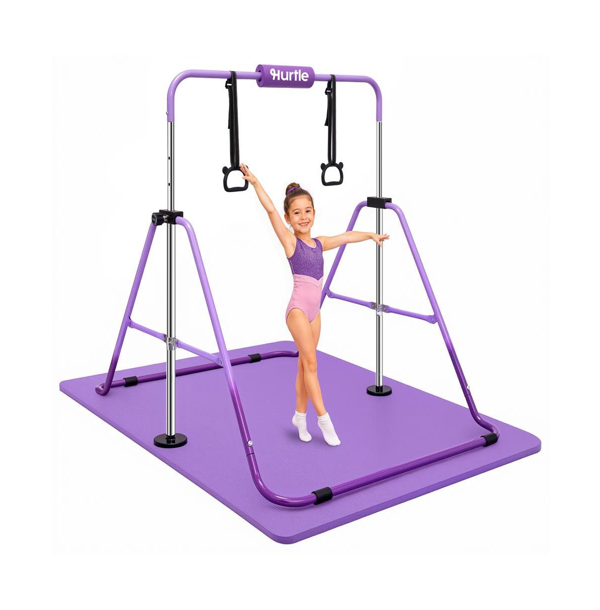 Hurtle Expandable Gymnastics Bar for Kids, Adjustable Height, 59" Wide, Folding Bar with Rings and Foam Pad, 145 lb Capacity - Purple