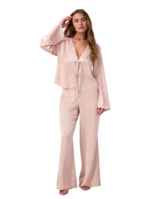 Women's Silk Tie-Front Top and Wide-Leg Pants, 2-Piece Set