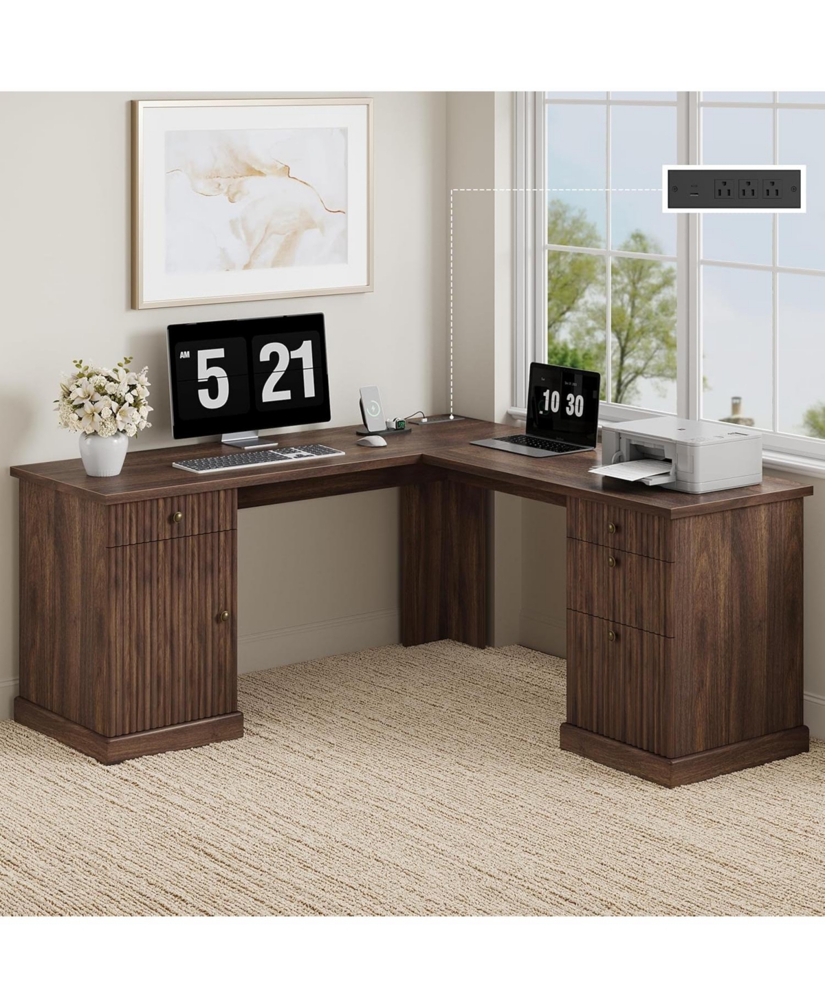 homfan 60" Fluted L-Shaped Desk with File Drawer and Charging Station, Corner Desk