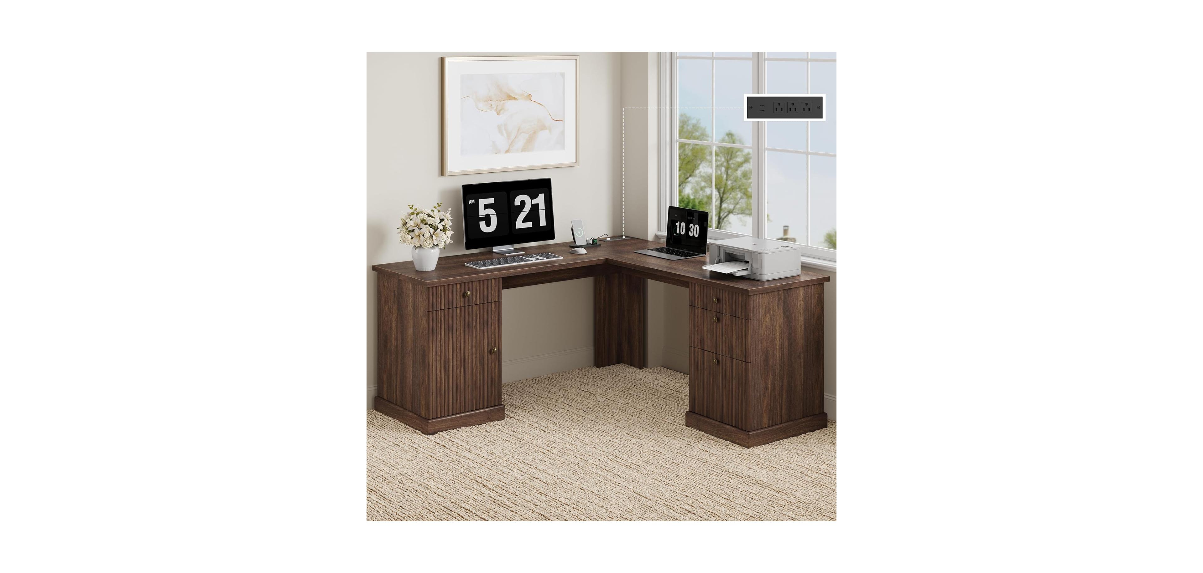 homfan 60" Fluted L-Shaped Desk with File Drawer and Charging Station, Corner Desk