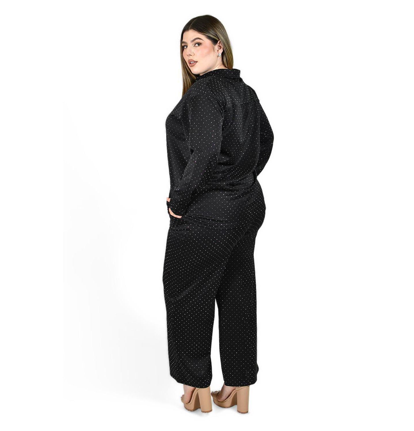 Женский комплект Roman Fashion Plus Size Polka-Dot Glitter Elastic-Waist Shirt and Wide-Leg Pants, 2-Piece Set, цвет: Чёрный — фото 3