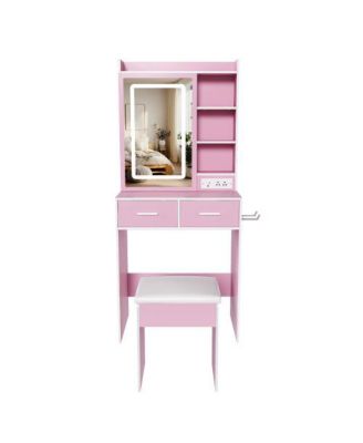 Small LED Vanity Desk - Dimmable 3-Color LED Mirror, Built-in USB and AC Outlets, Hair Dryer Stand, Hidden Storage and Padded Stool