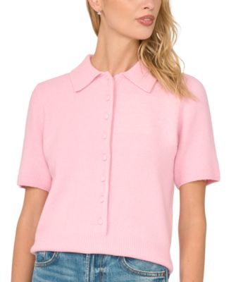 Women's Short-Sleeve Button-Front Collared Sweater