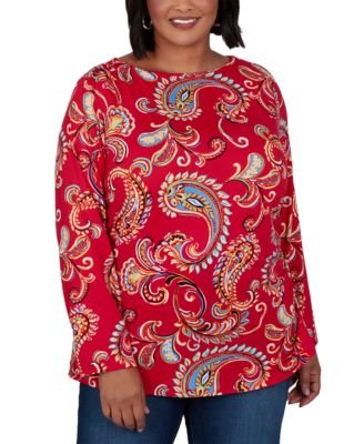 Plus Size Boat-Neck Paisley Long-Sleeve Top