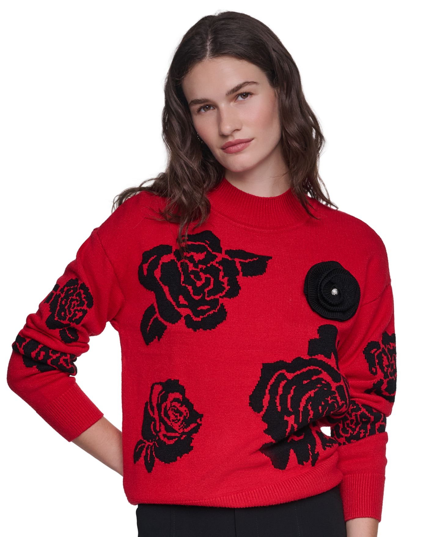 Женский свитер KARL LAGERFELD PARIS Petite Mock-Neck Long-Sleeve Floral, цвет: Красный / Чёрный — фото 1