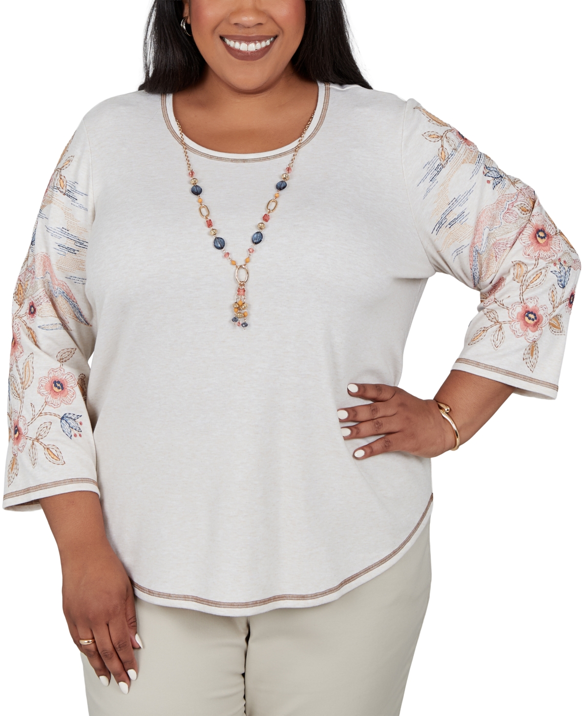 Alfred Dunner Plus Size Crewneck 3/4-Sleeve Floral-Print Cotton-Blend Top - Oatmeal