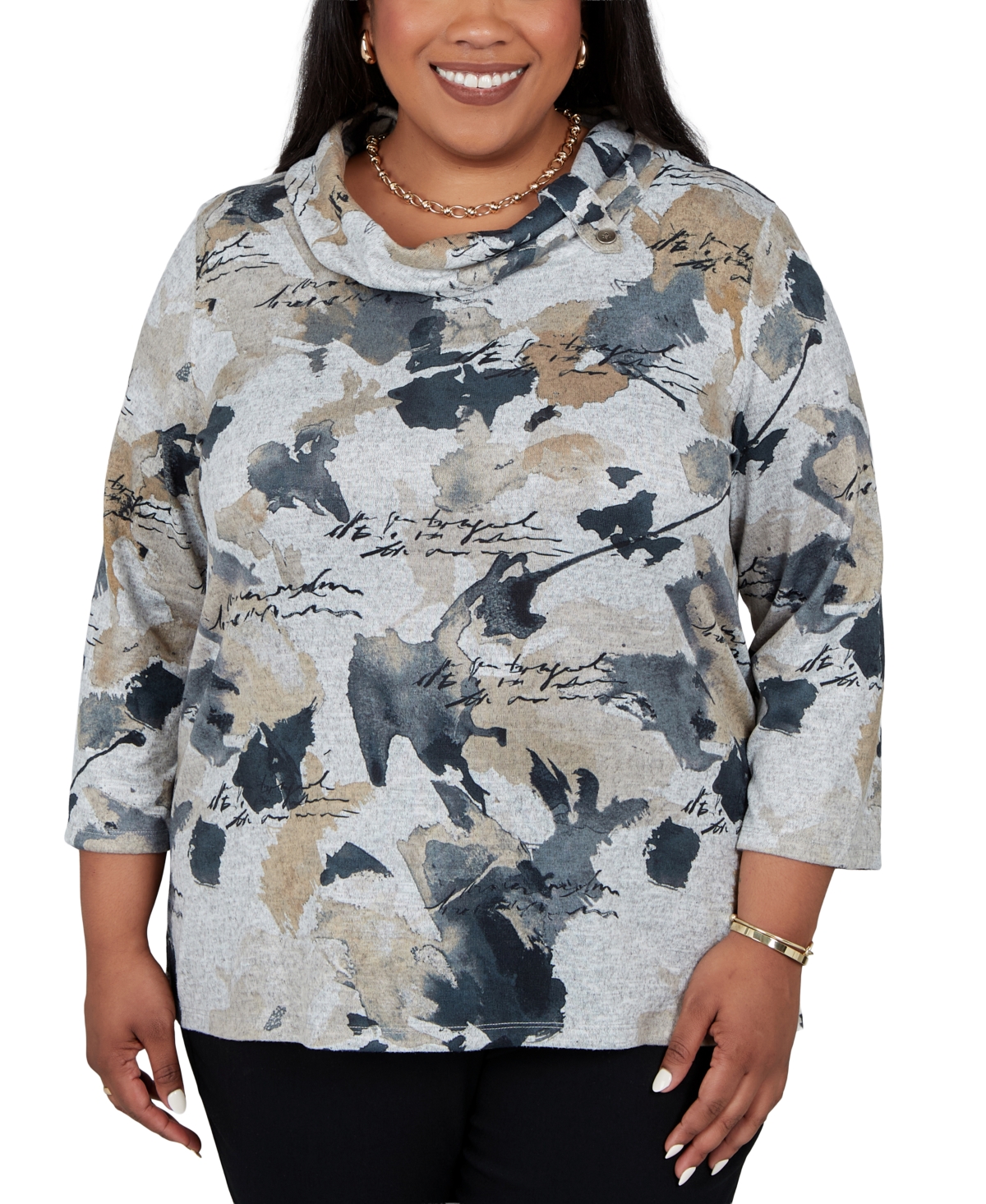 Alfred Dunner Plus Size 3/4-Sleeve Cowl Neck Side Slit Blouse - Tan Multi