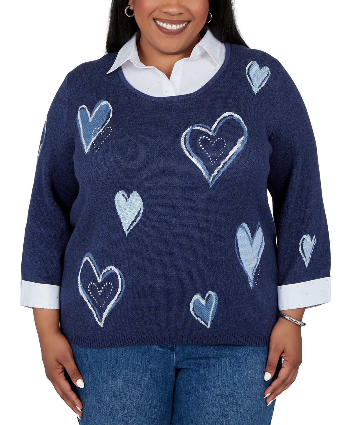 Alfred Dunner Plus Size Scoop Neck 3/4-Sleeve Heart Print Pullover Sweater - Navy