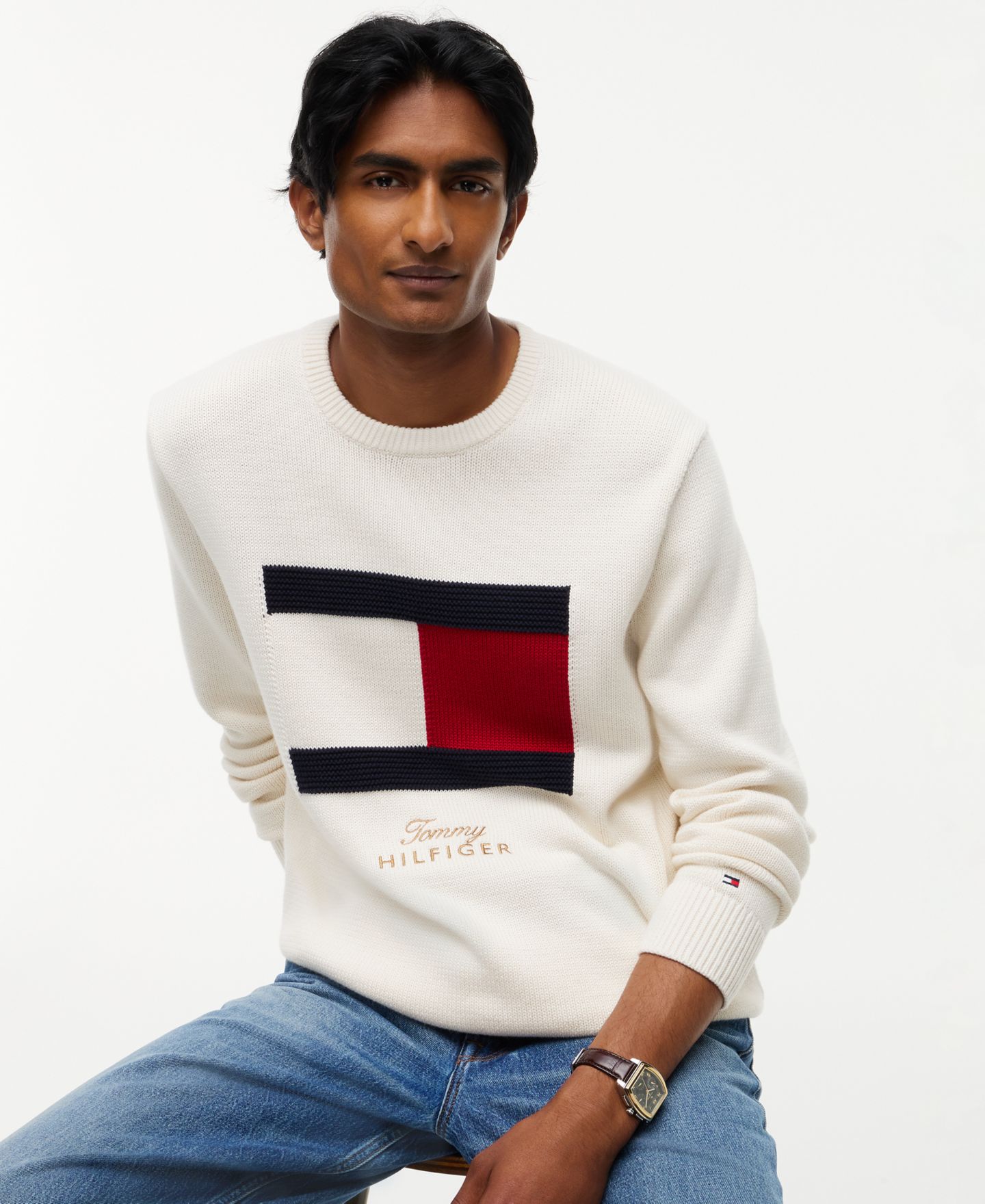 Мужской свитер Tommy Hilfiger обычного кроя с круглым вырезом и флагом, цвет: Слоновая кость — фото 3