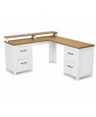 63" L-Shaped Executive Desk with 4 File Drawers and Power Outlet – Corner Computer Desk with Monitor Stand, Home Office Desk