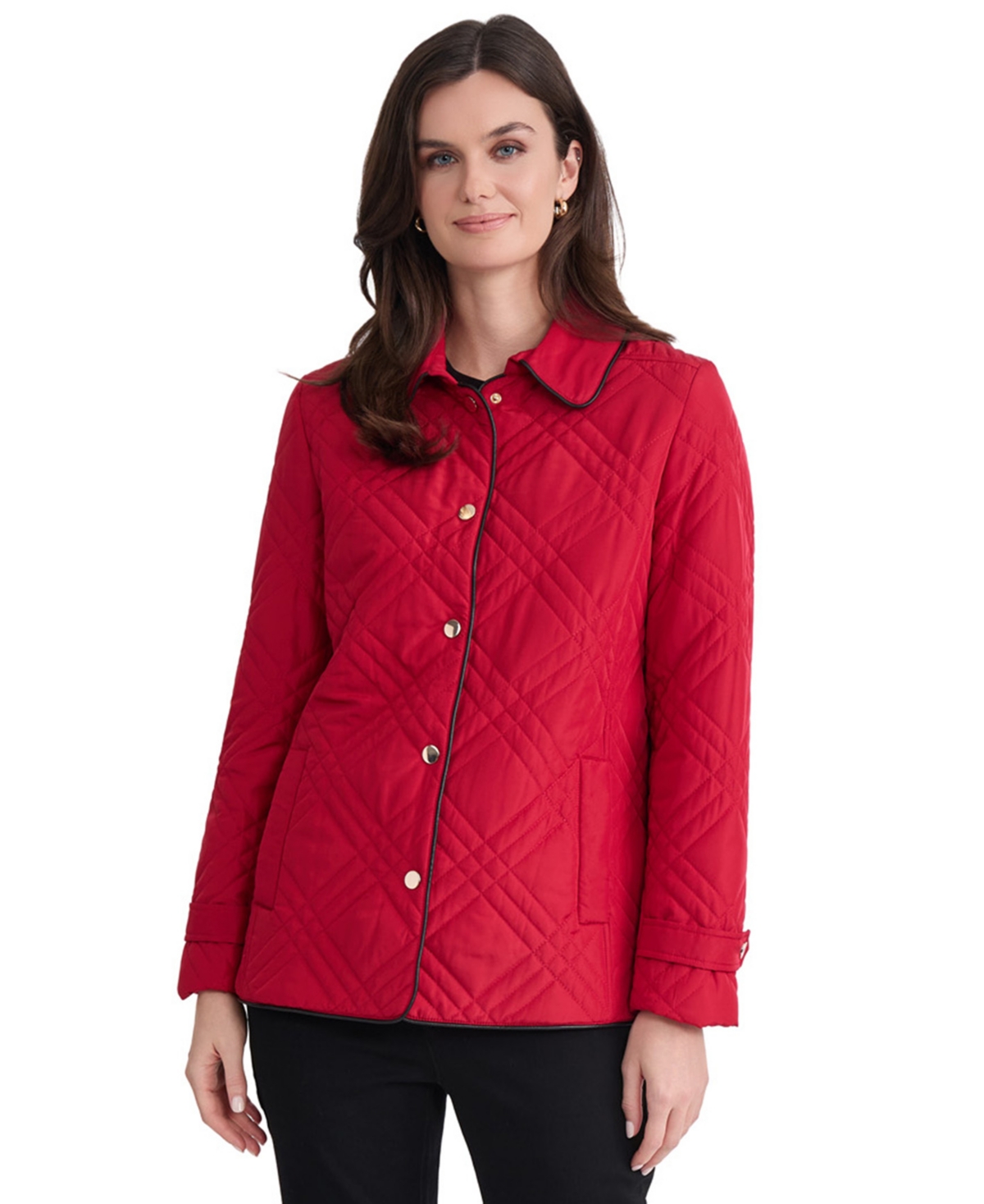 Jones New York Women's Triple-Diamond-Quilted Faux-Leather-Piping Jacket - Venetian Red/Jones Black