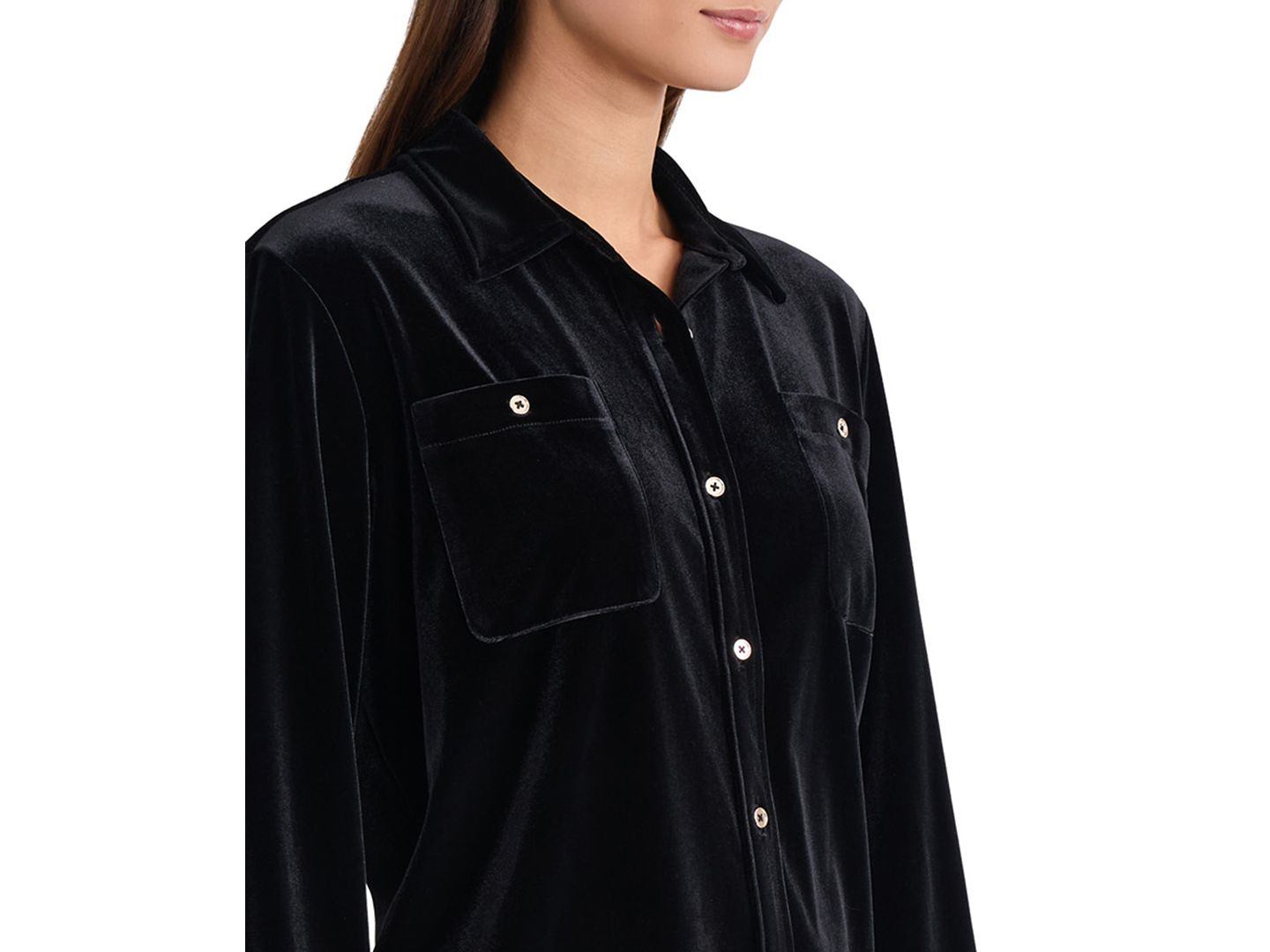 Женский топ Jones New York Button Down Side Slit Long-Sleeve Velvet Tunic, цвет: Чёрный — фото 3