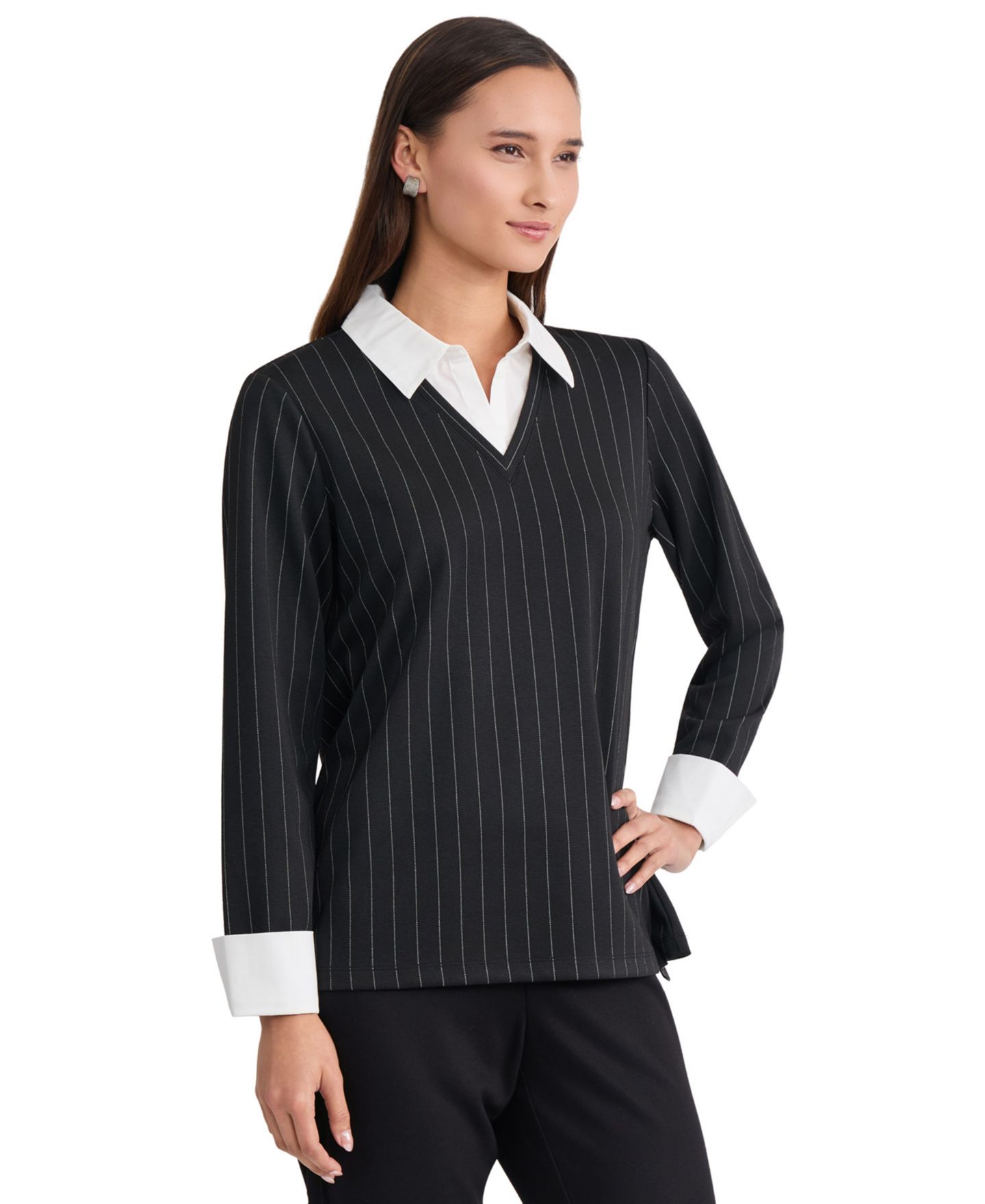 Женская блузка Jones New York Long-Sleeve Pinstripe V-Neck, цвет: Угольно-чёрный — фото 2