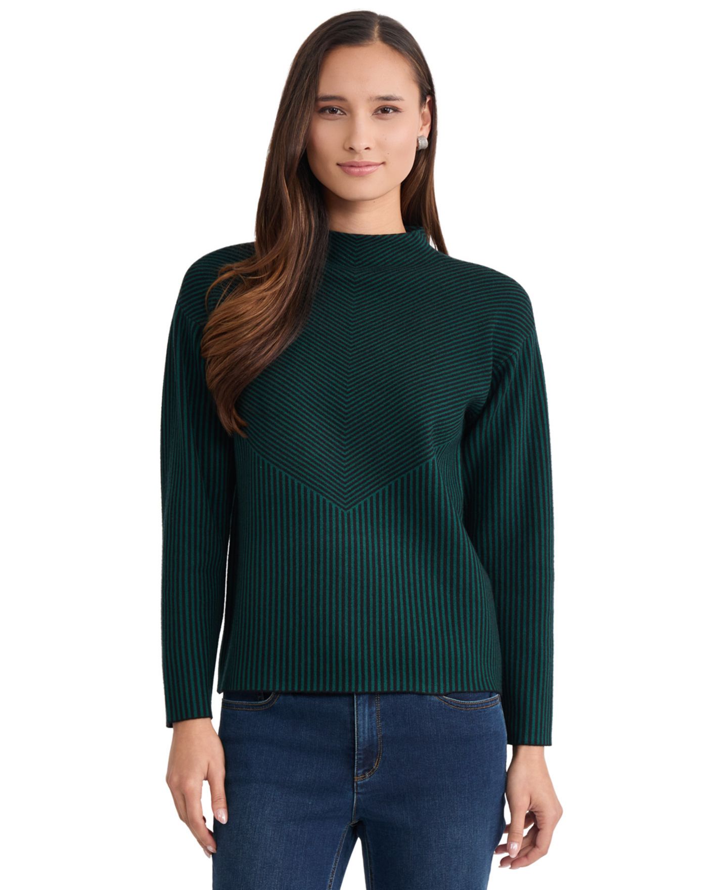 Женский свитер Jones New York Striped Funnel Mock Neck Long-Sleeve, цвет: Тёмно-зелёный / Чёрный — фото 1