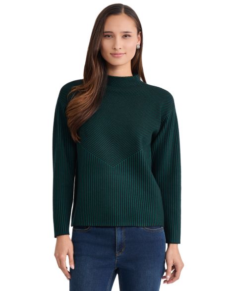 Женский свитер Jones New York Striped Funnel Mock Neck Long-Sleeve, цвет: Тёмно-зелёный / Чёрный