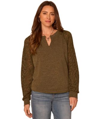Petite Mandarin Collar Cable-Knit Long-Sleeve Half-Placket Knit Top