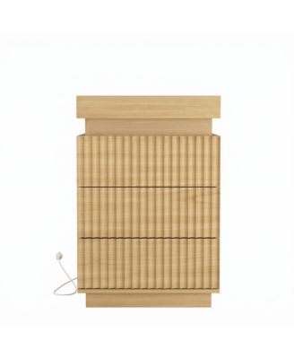 2-Pack Natural Nightstands with Sliding Charging Top, RGB LED, Fluted Soft-Close Drawers