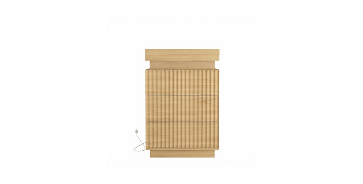 Flynama 2-Pack Natural Nightstands with Sliding Charging Top, Rgb Led, Fluted Soft-Close Drawers - Natural tone.