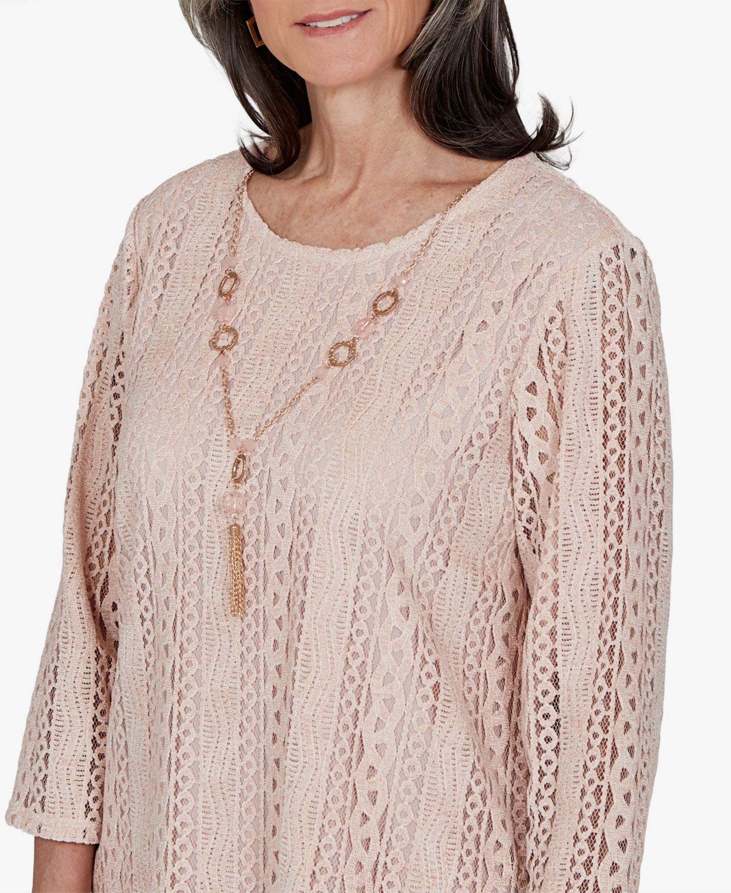 Женская блузка Alfred Dunner Petite 3/4-Sleeve Lace Knit, цвет: Розовый — фото 4