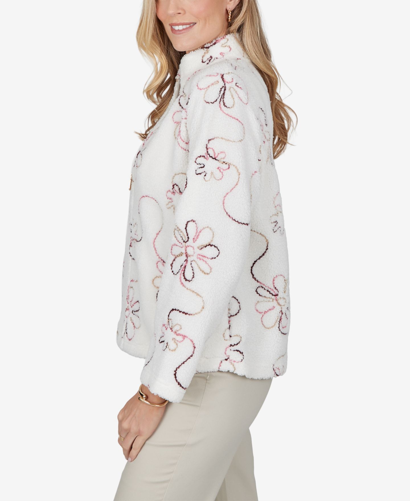 Женская куртка Alfred Dunner Petite Floral Fleece with Pockets, цвет: Слоновая кость — фото 3