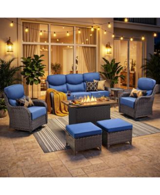 7-Piece Wicker Patio Furniture Set with Fire Pit Table, Swivel Rocking Chairs and 6-Inch Cushions for Outdoor Comfort