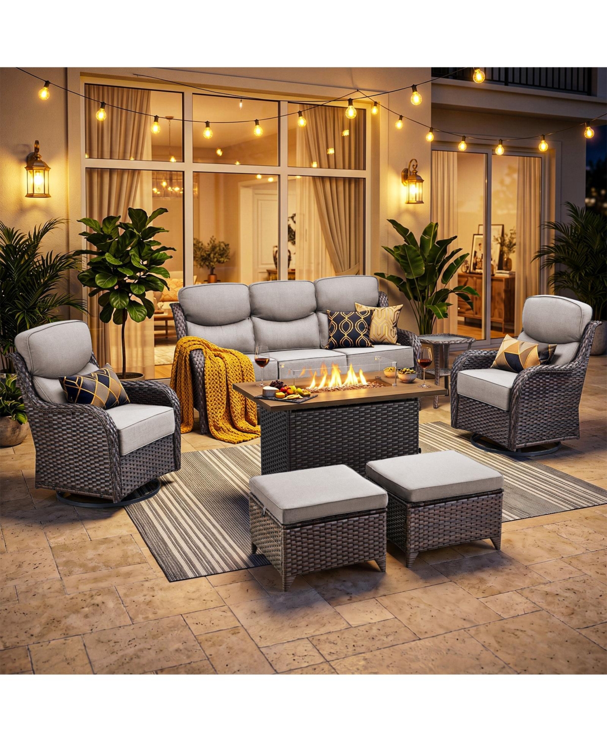 Pocassy 7-Piece Wicker Patio Furniture Set with Fire Pit Table, Swivel Rocking Chairs and 6-Inch Cushions for Outdoor Comfort