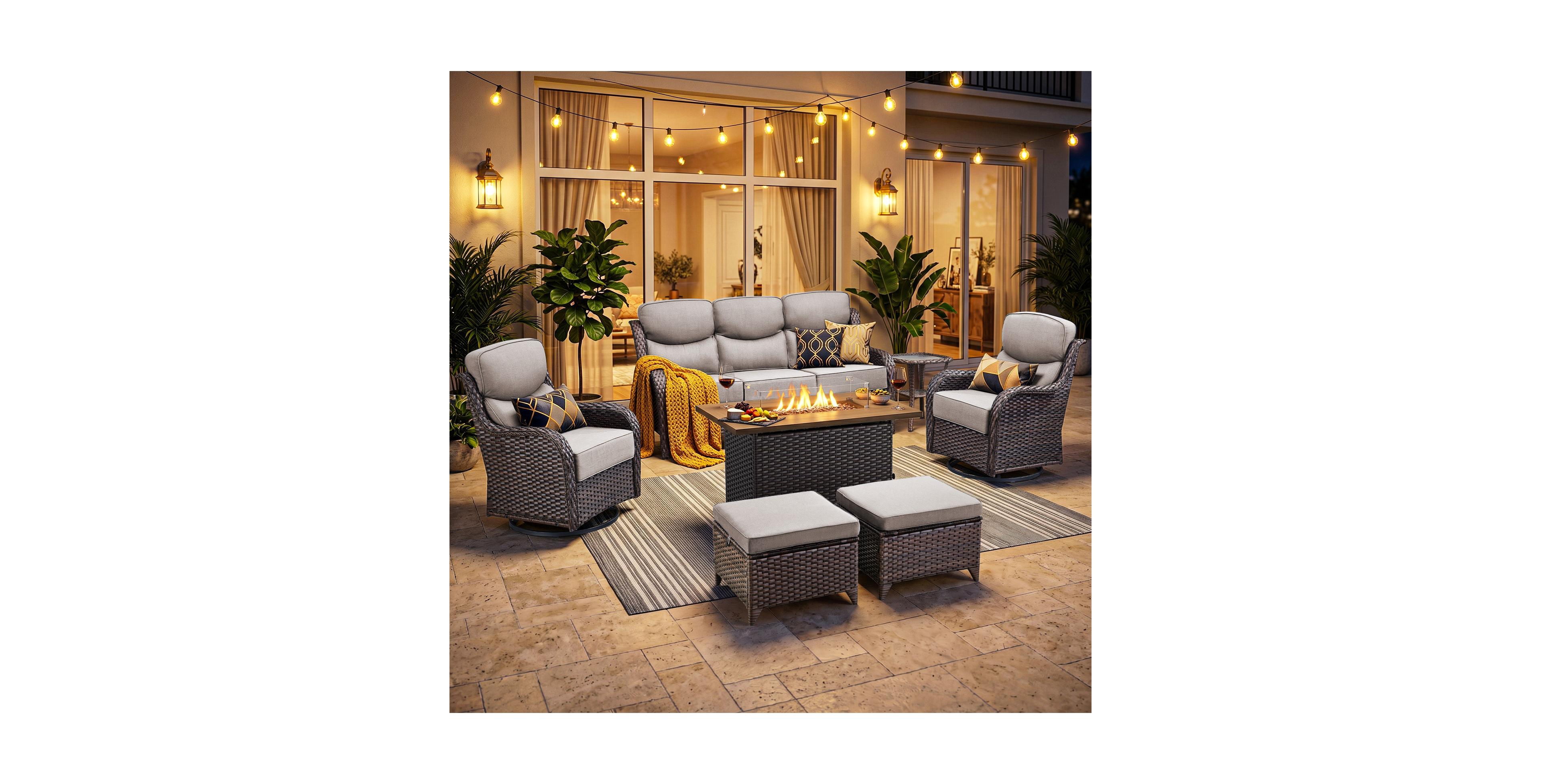Pocassy 7-Piece Wicker Patio Furniture Set with Fire Pit Table, Swivel Rocking Chairs and 6-Inch Cushions for Outdoor Comfort